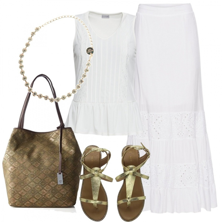 Outfit donna - Bianco e verdeoro. Stile Urban per Tutti i giorni. Abbinamento con collana con strass in ottone con gancetto, gonna lunga con pizzo bianco, top con volant bianco, sandali open toe oro, borsa a spalla in denim kaki.