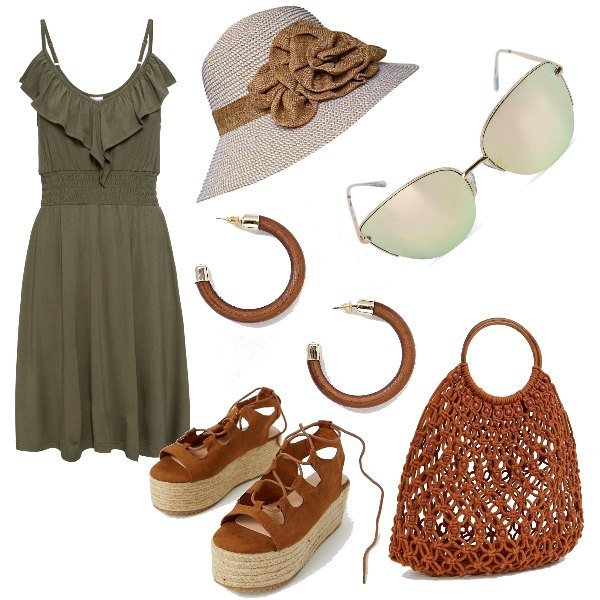 Outfit donna - In giro con le amiche. Stile Basic per Tutti i giorni. Abbinamento con vestiti lunghi, t-shirt con manico e perline in denim jersey marrone, sandali, sabot, mules e ciabattine trendy, cappelli, occhiali da sole, orecchini farfalla oro.