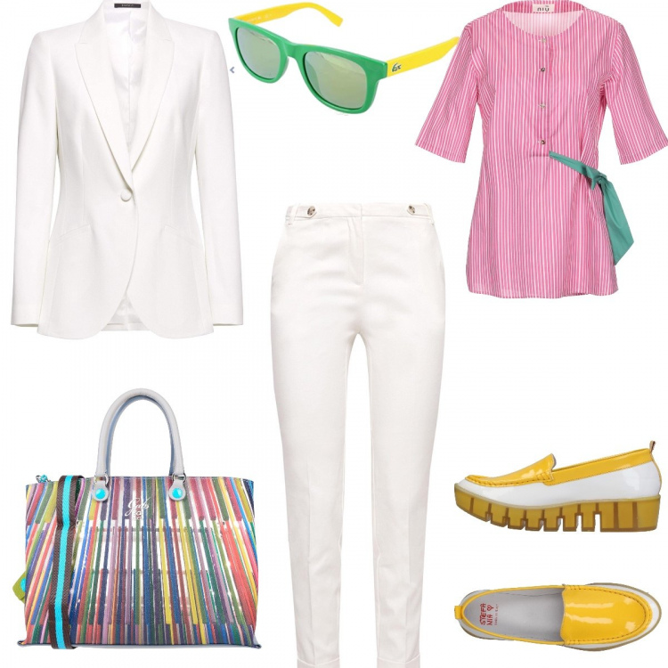Outfit donna - Dandy da Città. Stile Trendy per Ufficio. Abbinamento con borsa a mano maxi fantasia multicolore con zip interno foderato in pelle sintetica con tracolla removibile, mocassini con zeppe fantasia con punta tonda in pelle sintetica, blusa, pantalone bianco, giacca contrasto crêpe bianco, occhiali da sole unisex-adulto verde.