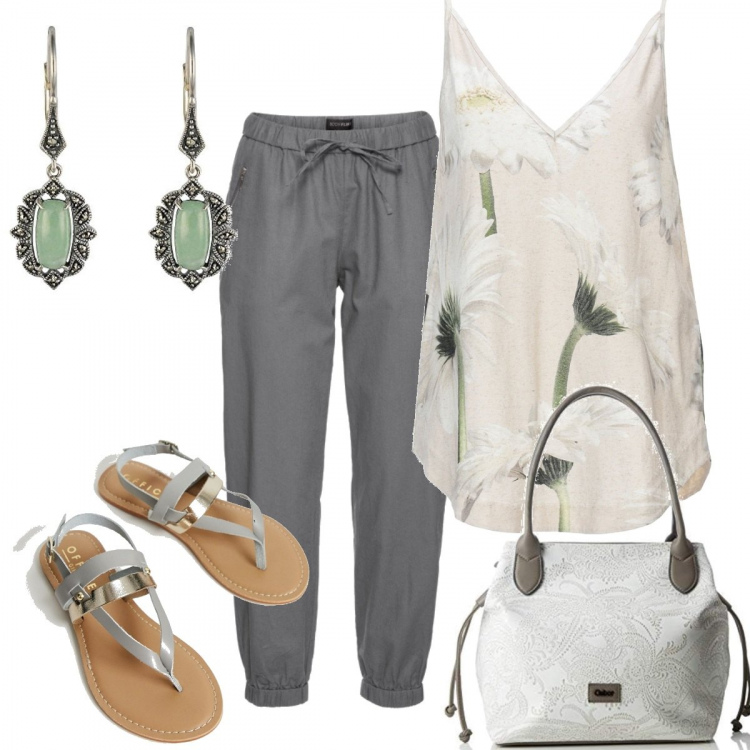 Outfit donna - Un po\' di fiori.... Stile Basic per Tutti i giorni. Abbinamento con pantaloni, top fantasia floreale collo a v jersey, borsa a spalla paisley con zip avorio e bianco, sandali, orecchini argento.