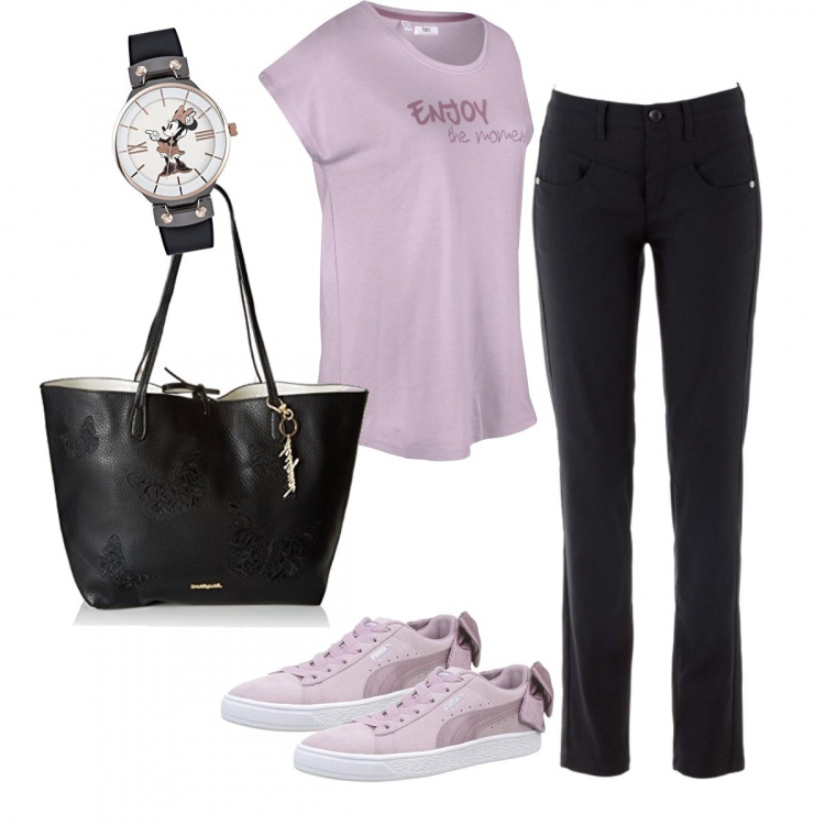 Outfit donna - Lillà. Stile Basic per Tutti i giorni. Abbinamento con pantaloni, maglia con stampa a maniche corte viola, scarpa sportiva, borsa a spalla capri nero, orologi analogici.