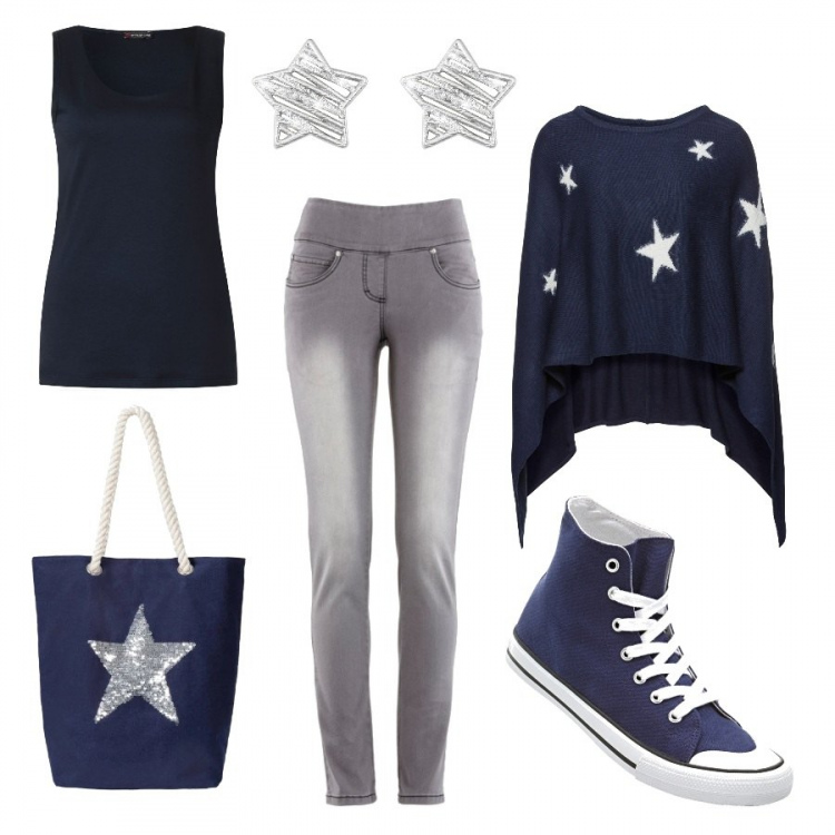 Outfit donna - Blue star. Stile Rock per Tutti i giorni. Abbinamento con jeans slim fit, cappotti, jeans, shopping bag, canottiera blu, orecchini glitter in ottone rodiato.