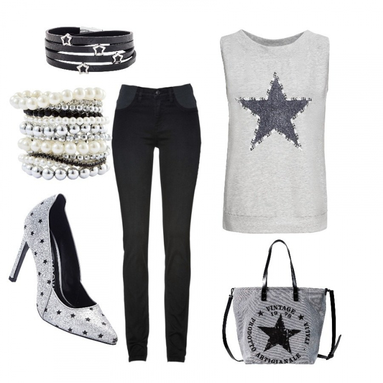 Outfit donna - Starry night. Stile Rock per Serata fuori. Abbinamento con jeans skinny, braccialetti, top grigio, shopping bag in denim grigio, décolleté pumps con tacco alto grigio, bracciale nero.