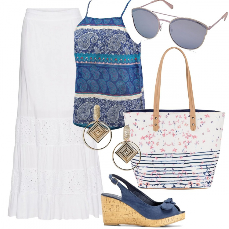 Outfit donna - Etnico #1404. Stile Etnico per Tutti i giorni. Abbinamento con gonna lunga con pizzo bianco, sandali con fiocco e zeppe con cinturino blu, shopping bag fantasia floreale con zip bianco, top blu, occhiali da sole oro, orecchini pendenti farfalla oro.