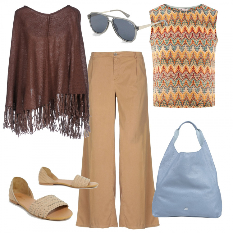 Outfit donna - @giugno low cost. Stile Trendy per Tutti i giorni. Abbinamento con pantalone wide leg vita alta con zip twill, mantella senza tasche lavorato a maglia collo tondo interno sfoderato tinta unita, borsa a mano maxi in pelle martellata con manico tinta unita, top crop aderente arancione, sandali, occhiali da sole da aviatore taglio dritto lenti scure stanghette sottili protezione dai raggi.