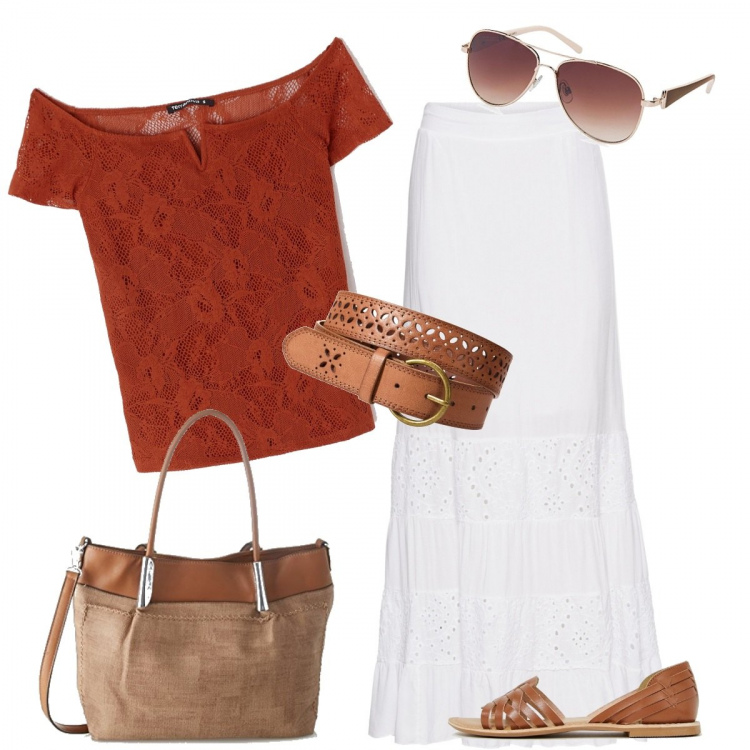 Outfit donna - Finalmente in vacanza. Stile Basic per Tutti i giorni. Abbinamento con gonna lunga con pizzo bianco, cintura, t-shirt con pizzo e spalle scoperte tinta unita, scarpe collo aperto suola piatta, borsa tote in pelle marrone, occhiali da sole e montature per occhiali da vista da aviatore con strass lenti sfumate oro e nero e marrone.