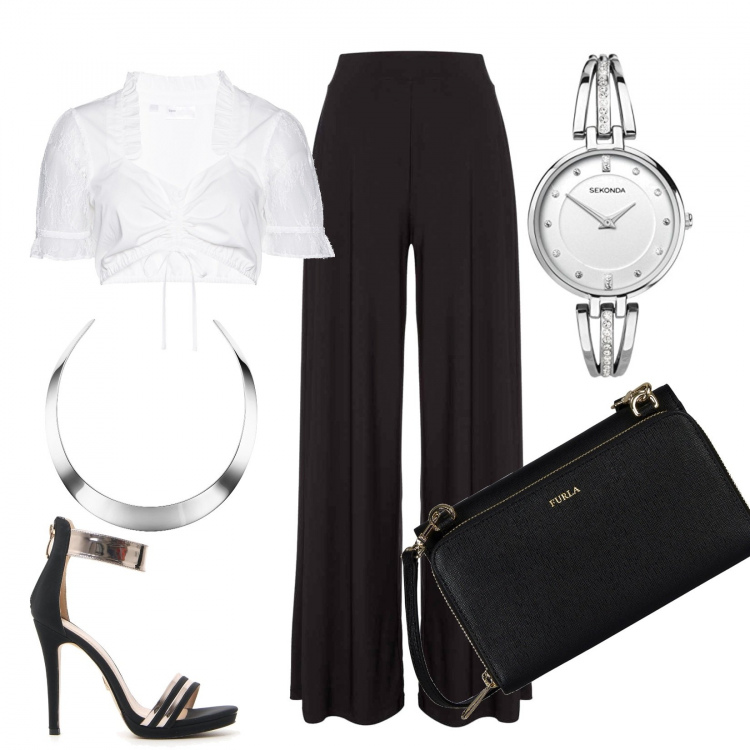 Outfit donna - Chic #8411. Stile Chic per Serata fuori. Abbinamento con camicie, pantalone wide leg nero, sandali, borsa a tracolla, orologi, collana girocollo rigido.