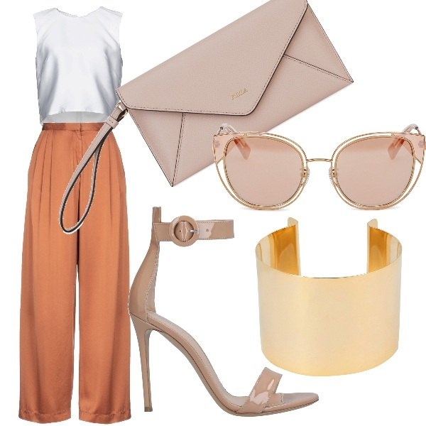 Outfit donna - Matrimonio Holliwoodiano. Stile Chic per Cerimonia. Abbinamento con pantalone vita alta con zip in raso con pieghe, top collo tondo in raso tinta unita, braccialetti, sandali effetto vernice con tacco spillo e fibbia con punta tonda tinta unita, occhiali da sole, clutch.