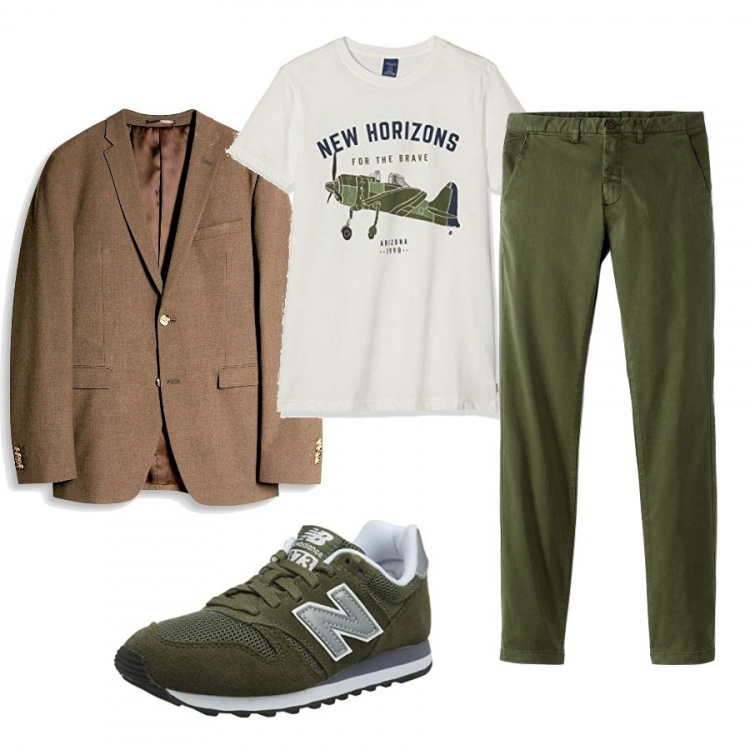 Outfit uomo - Nuovi orizzonti. Stile Casual per Tutti i giorni. Abbinamento con scarpa sportiva, blazer spacchi laterali collo con revers aderente beige e grigio.