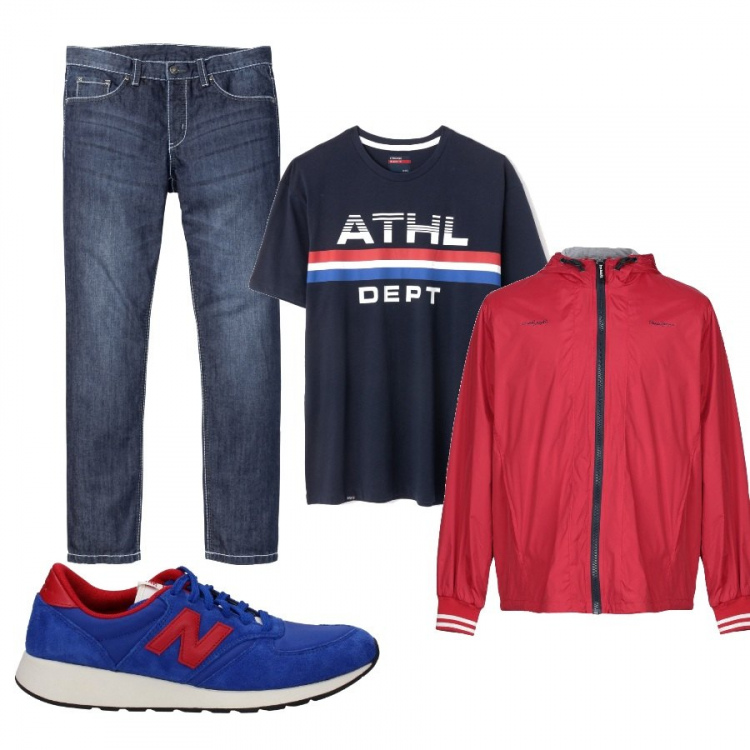 Outfit uomo - Pub. Stile Casual per Serata speciale. Abbinamento con sneakers, giubbotto con cappuccio a maniche lunghe con zip interno foderato in tessuto tecnico tinta unita, jeans taglio dritto contrasto in denim con bottoni blu.