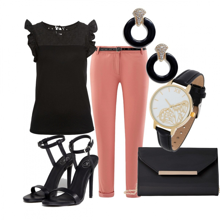 Outfit donna - Col nero ci sta bene tutto. Stile Chic per Serata fuori. Abbinamento con t-shirt, pochette, orologio farfalla effetto lucido nero, pantalone, sandali nudo e nero, orecchini petite con anello farfalla oro.