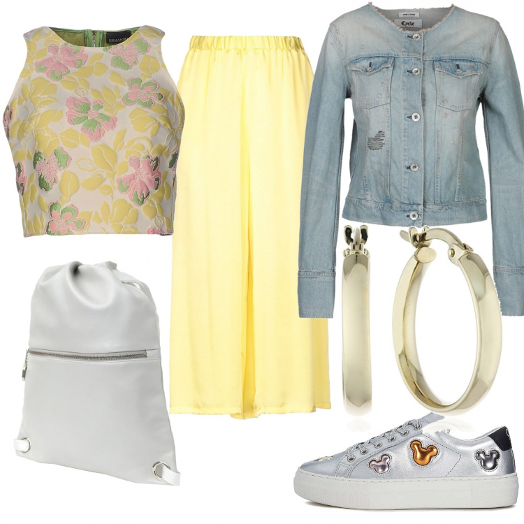 Outfit donna - Urban #5060. Stile Urban per Tutti i giorni. Abbinamento con top fantasia floreale collo tondo senza maniche con zip jacquard, giacca delavé collo tondo a maniche lunghe in denim tinta unita, pantalone capri vita alta in raso tinta unita, borsa, orecchini, sneakers fantasia effetto vernice con lacci.