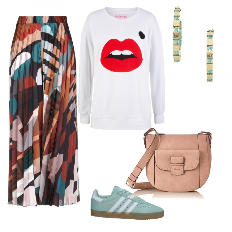 Outfit donna - Trendy #14947. Stile Trendy per Tutti i giorni. Abbinamento con pantaloni a palazzo, gonna lunga fantasia geometrica plissè vita alta interno sfoderato in raso, sneakers tennis, orecchini contrasto con farfallina in ottone oro, borsa a tracolla.