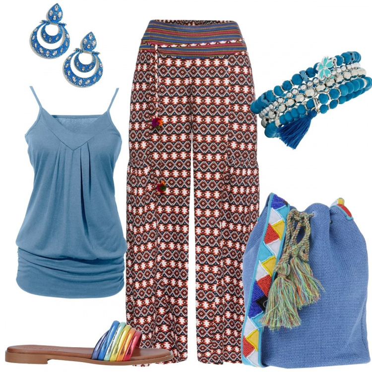 Outfit donna - Falò notturno. Stile Etnico per Tutti i giorni. Abbinamento con top, pantalone, bracciale, borsa a tracolla secchiello con perline e coulisse interno foderato tinta unita, sandali, orecchini pendenti petite farfalla oro.