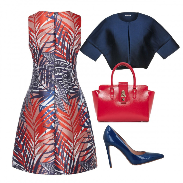 Outfit donna - Trendy #14978. Stile Trendy per Serata fuori. Abbinamento con décolleté effetto vernice a punta tinta unita, blazer, vestito a righe multicolore, borsa a mano con zip interno foderato in pelle con tasca interna oro.