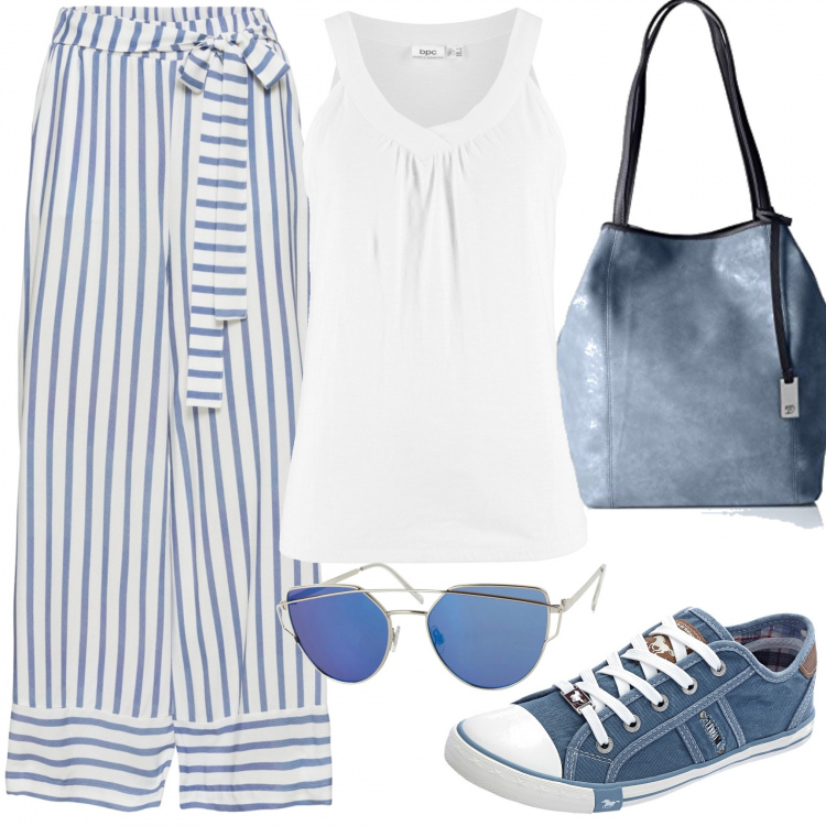 Outfit donna - Basic #8918. Stile Basic per Tutti i giorni. Abbinamento con reggiseni, top in maglina bianco, sneakers, borsa a tracolla con manico taglia unica blu, occhiali da sole.