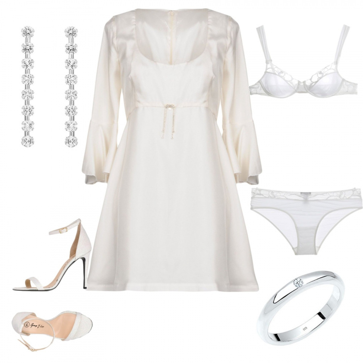 Outfit donna - Mi sposo risparmiando. Stile Bon Ton per Cerimonia. Abbinamento con vestito corto a trapezio senza tasche collo tondo con zip interno foderato in seta twill, sandali glitter con tacco spillo e cinturino con punta tonda pianta larga tinta unita, intimo coordinato con ferretto e pizzo jersey, anelli, orecchini pendenti con zirconia in oro bianco 9ct.