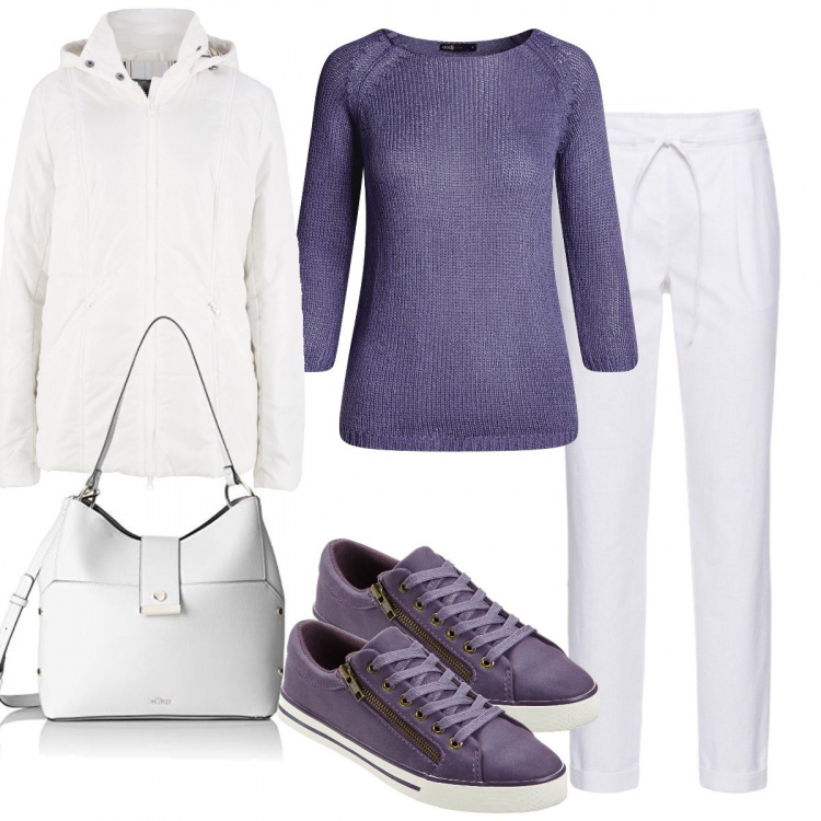 Outfit donna - Come quando fuori piove. Stile Basic per Tutti i giorni. Abbinamento con pantaloni, vestiti, pantaloni, maglione, borsa a mano bianco.