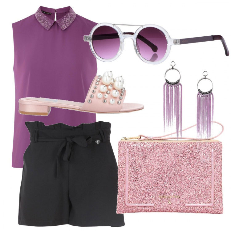 Outfit donna - Lilinoir. Stile Chic per Tutti i giorni. Abbinamento con shorts crêpe, sandali con perline senza tacco interno in pelle con punta tonda in raso tinta unita, occhiali da sole lenti sfumate in montatura in metallo tinta unita, top viola, pochette a righe con zip e tasca interna, orecchini lenti sfumate con nappine.