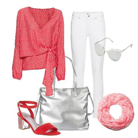 Outfit donna - Rosso a pois al lavoro. Stile Chic per Ufficio. Abbinamento con jeans skinny, foulard, shopping bag con manico effetto metallizzato argento, sandali con cinturino rosso, occhiali da sole argento, sciarpa.