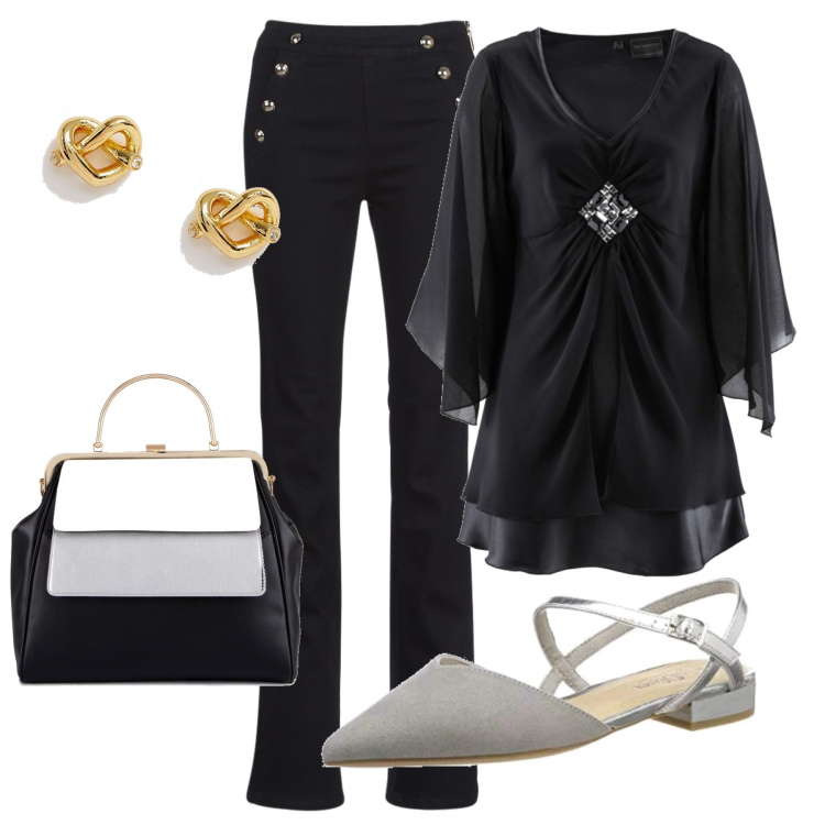 Outfit donna - La mamma ama stare comoda. Stile Urban per Serata fuori. Abbinamento con tuniche, pantalone nero, scarpa, borsa a mano a scatto in pelle sintetica, orecchini con nodi oro.