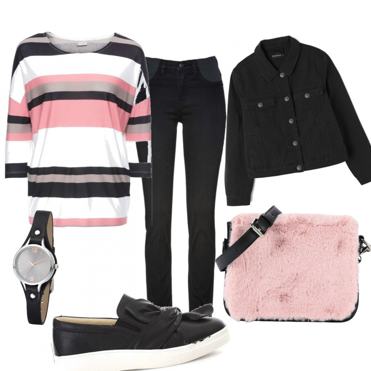 Outfit donna - Basic #8957. Stile Basic per Scuola/Università. Abbinamento con jeans skinny, maglia fantasia con scollo tinta unita bianco, camicie, borsa a tracolla mini, giacca jeans crop nero, ballerine nero.