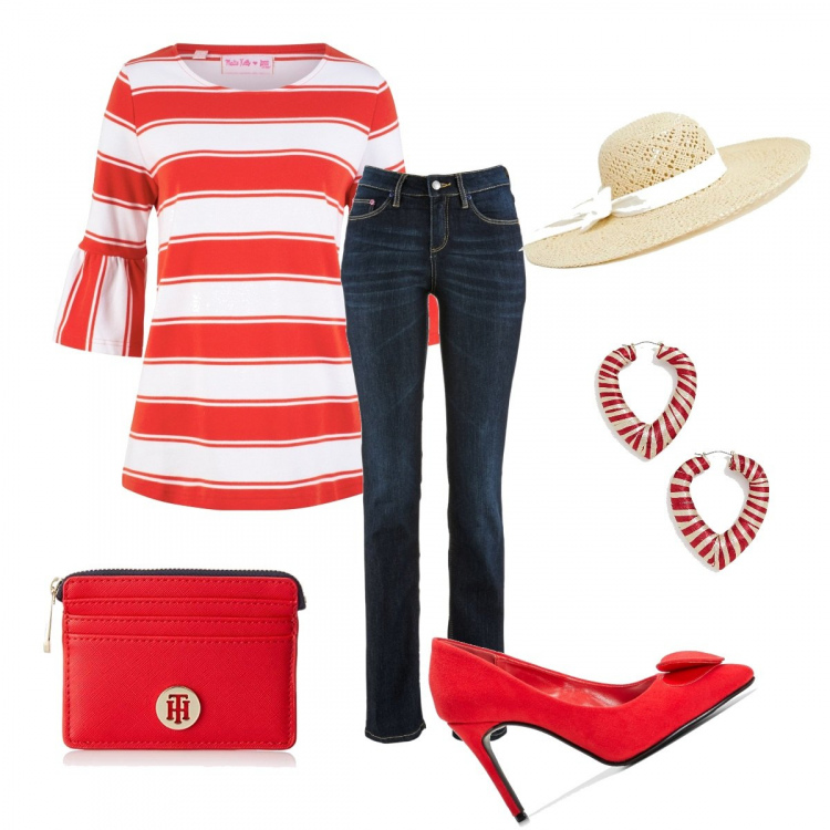 Outfit donna - Bon Ton #7452. Stile Bon Ton per Tutti i giorni. Abbinamento con jeans dritti, maglia fantasia bianco, maglieria, clutch rosso, orecchini a righe a scatto in denim, cappello.