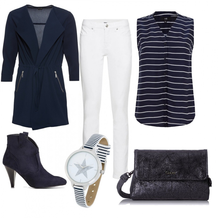 Outfit donna - Righe. Stile Urban per Ufficio. Abbinamento con jeans skinny, giacca camicia, stivaletti blu, orologio, top con stampa e scollo blu, borsa a tracolla blu.