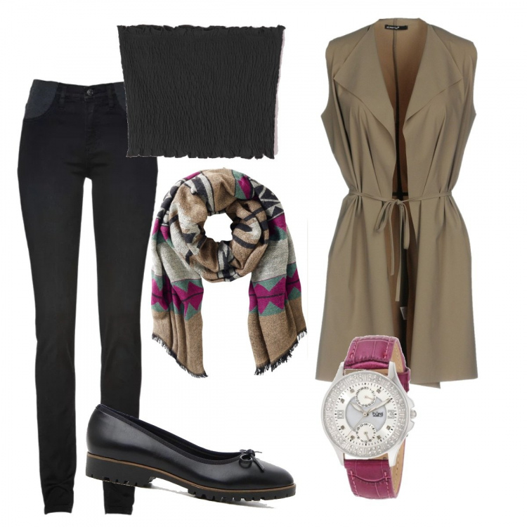 Outfit donna - Serata con amiche. Stile Rock per Serata fuori. Abbinamento con jeans skinny, blazer, soprabito con fusciacca scollatura profonda interno sfoderato senza tasche jersey, top tinta unita nero, ballerine nero, orologio.