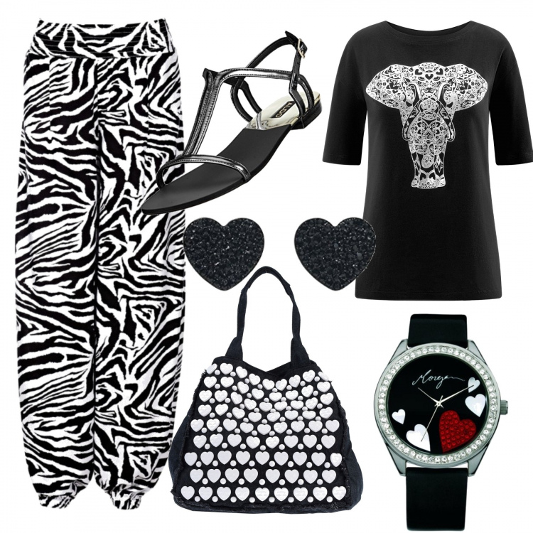 Outfit donna - Savana. Stile Etnico per Tutti i giorni. Abbinamento con pantaloni a palazzo, borsa a mano maxi contrasto delavé doppio manico interno sfoderato in denim tinta unita, t-shirt, orecchini a perno con cuore, sandali open toe nero, orologi.