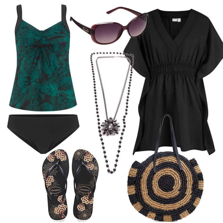 Outfit donna - Curvy Mare Low Cost. Stile Etnico per Mare. Abbinamento con costumi interi, tuniche, collane, infradito effetto metallizzato multicolore e grigio, shopping bag in paglia con tasca interna nero, occhiali da sole.