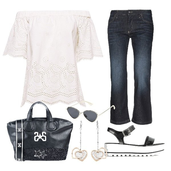 Outfit donna - Urban #5122. Stile Urban per Tutti i giorni. Abbinamento con jeans delavé con zip tinta unita, borsa a mano glitter taglia media con zip in pelle sintetica tinta unita, occhiali da sole, camicia bianco, sandali con zeppe effetto vernice con cinturino, orecchini.