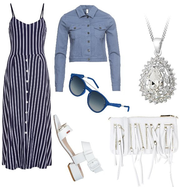 Outfit donna - La borsa con le frange. Stile Basic per Serata fuori. Abbinamento con sandali effetto laminato con tacco squadrato e cinturino con punta tonda in pelle sintetica tinta unita, borsa a mano in pelle martellata taglia media con zip interno foderato tinta unita, vestiti midi/longuette, giacca in denim blu, occhiali da sole unisex-adulto blu, collana argento.