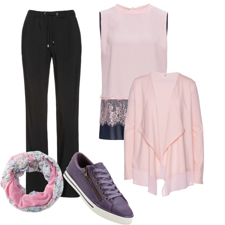 Outfit donna - Basic #9102. Stile Basic per Tutti i giorni. Abbinamento con pantaloni, blusa con pizzo senza maniche blu, blazer, pantaloni, sciarpina.