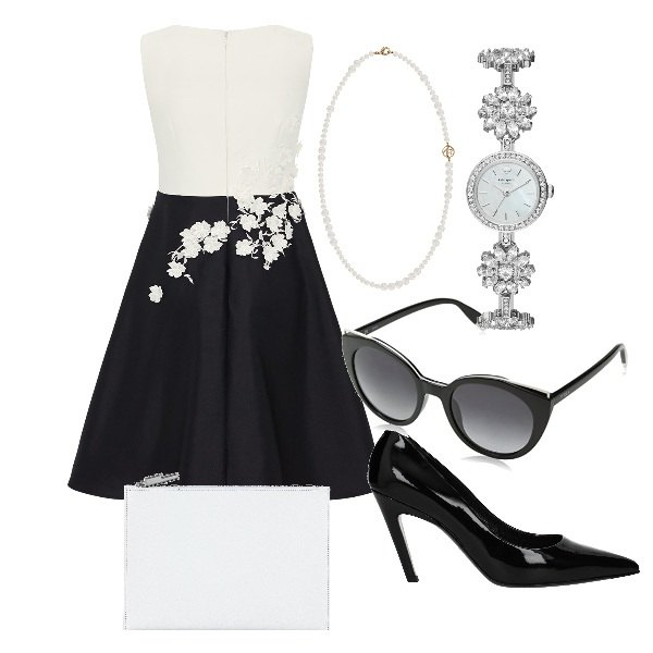 Outfit donna - Bon Ton #7556. Stile Bon Ton per Cerimonia. Abbinamento con décolleté, orologio con strass a scatto, pochette, collana, vestito in pelle multicolore, occhiali da sole.
