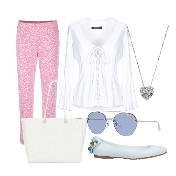 Outfit donna - Basic #9109. Stile Basic per Tutti i giorni. Abbinamento con t-shirt, ballerine contrasto senza tacco con punta tonda tinta unita, occhiali da sole, pantalone sport multicolore, shopping bag, collana con catenina.