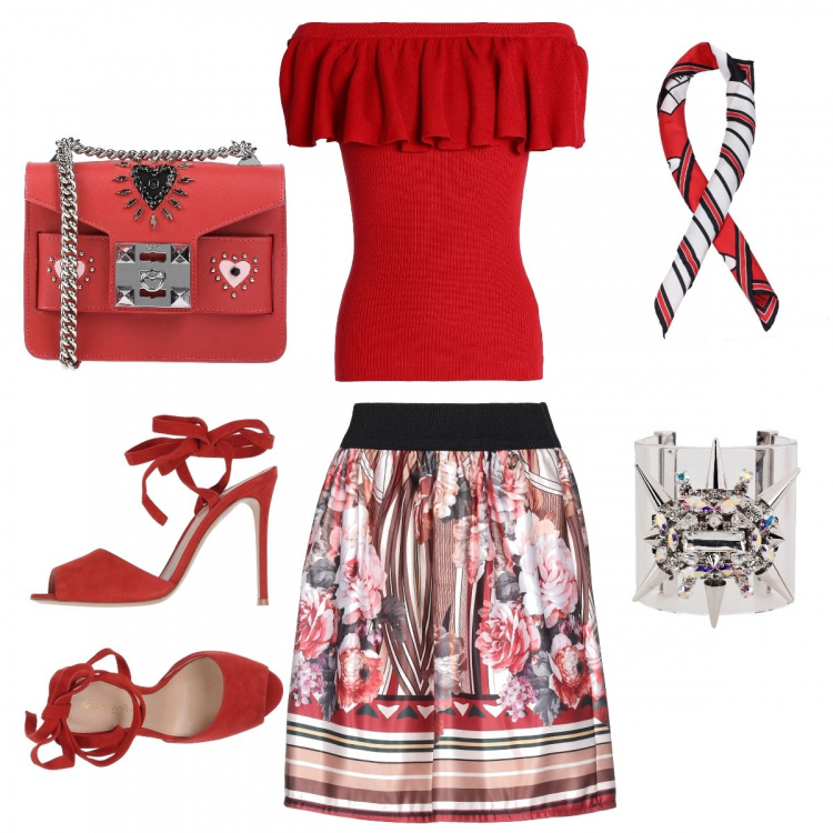 Outfit donna - Everyday chic. Stile Chic per Tutti i giorni. Abbinamento con gonne longuette, top senza tasche lavorato a maglia a maniche corte in cotone tinta unita, sandali effetto scamosciato con tacco spillo e punta tonda tinta unita, bracciale con strass, borsa a mano mini con manico e borchie a scatto interno sfoderato in pelle tinta unita, foulard.