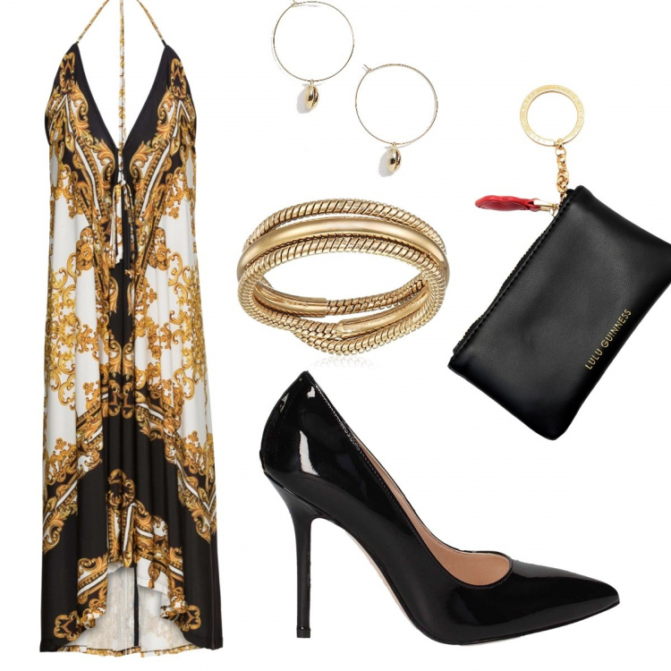 Outfit donna - Chic #8650. Stile Chic per Serata fuori. Abbinamento con vestiti midi/longuette, pochette con zip interno foderato in pelle tinta unita, orecchini con ciondolo e cerchi a scatto oro, anello, décolleté effetto vernice.