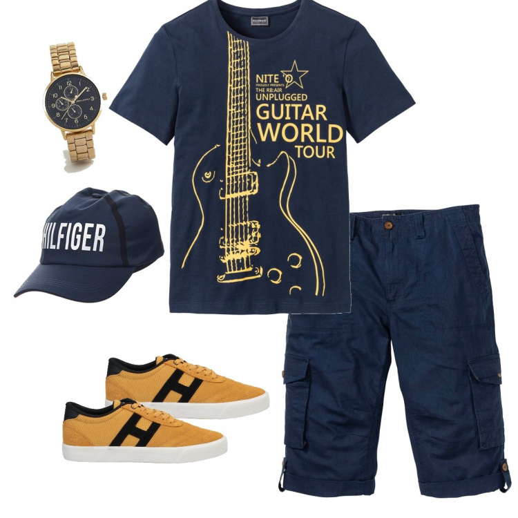 Outfit uomo - Chitarrista. Stile Casual per Tutti i giorni. Abbinamento con bermuda, cappello con visiera.