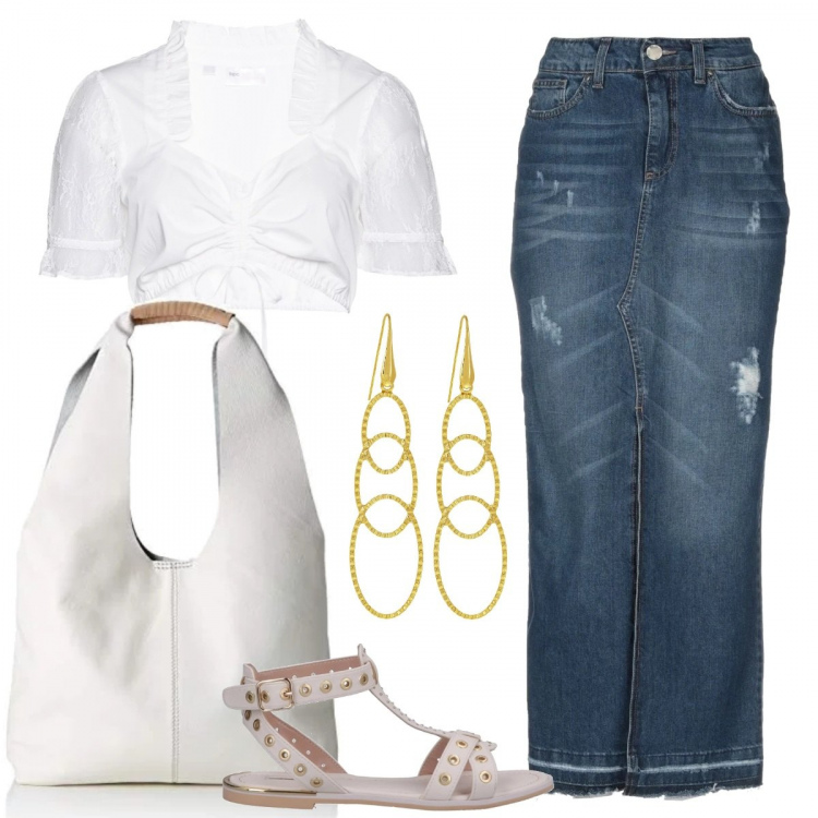 Outfit donna - La borsa over. Stile Urban per Tutti i giorni. Abbinamento con sandali senza tacco con cinturino interno foderato con punta tonda in pelle sintetica tinta unita, gonna delavé con zip in denim tinta unita, camicie, borse a spalla, orecchini oro.