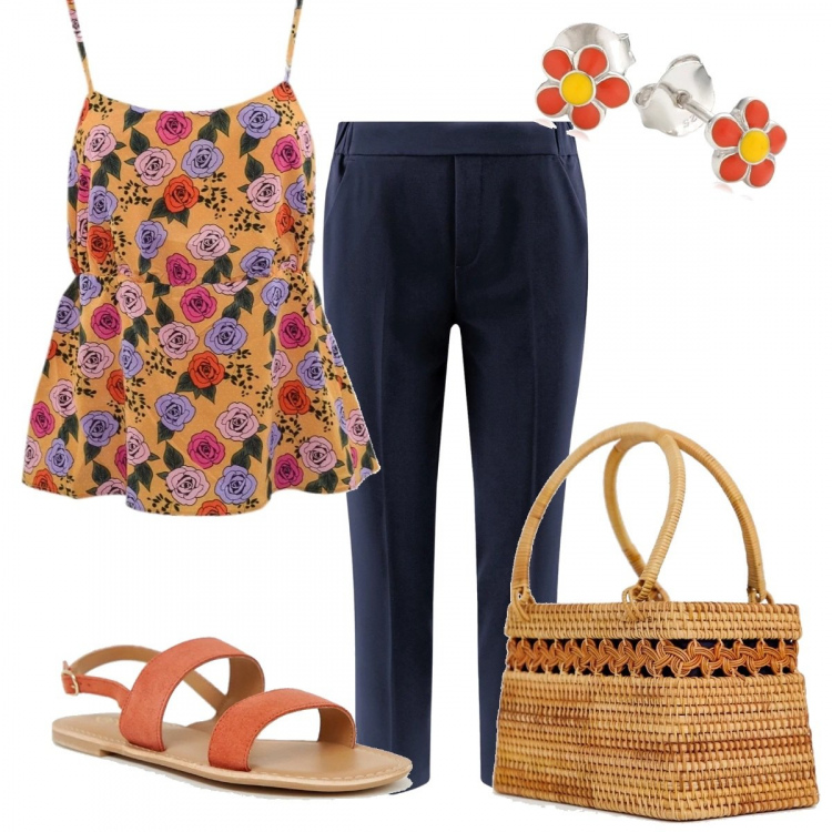 Outfit donna - Sunny flowers. Stile Bon Ton per Tutti i giorni. Abbinamento con top, pantalone aderente blu, borsa a mano petite, orecchini a perno in sterling 925 argento e multicolore, sandali.