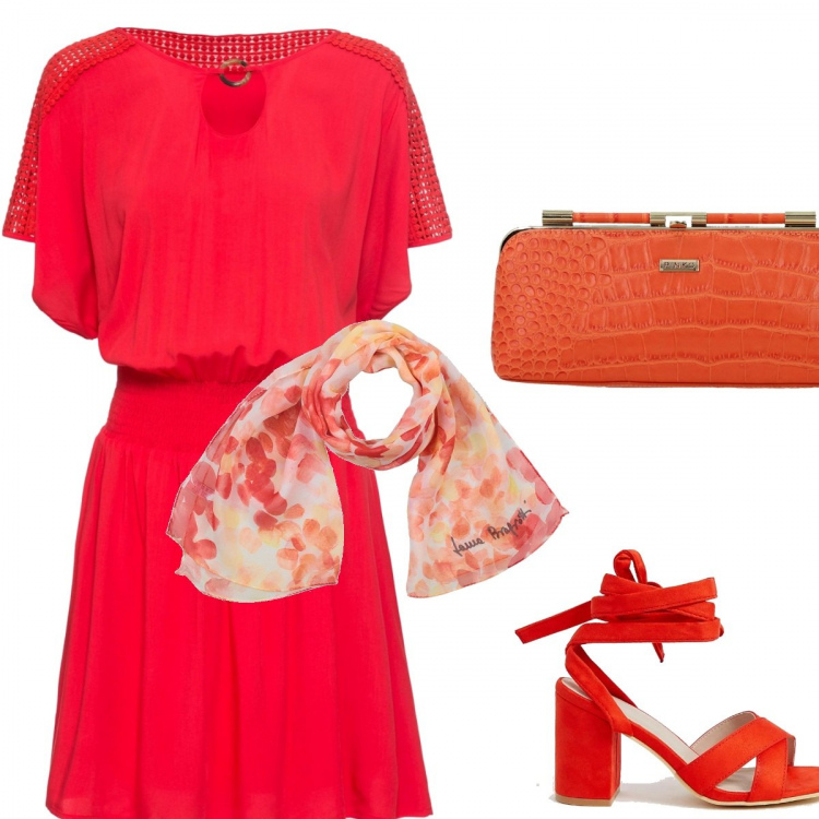 Outfit donna - Bon Ton #7613. Stile Bon Ton per Tutti i giorni. look ideale per Petite. Abbinamento con vestiti corti, sciarpa fantasia floreale in seta crêpe, pochette con zip e logo frontale arancione e oro, sandali con tacco largo collo aperto con lacci pianta larga vestibilità ampia.