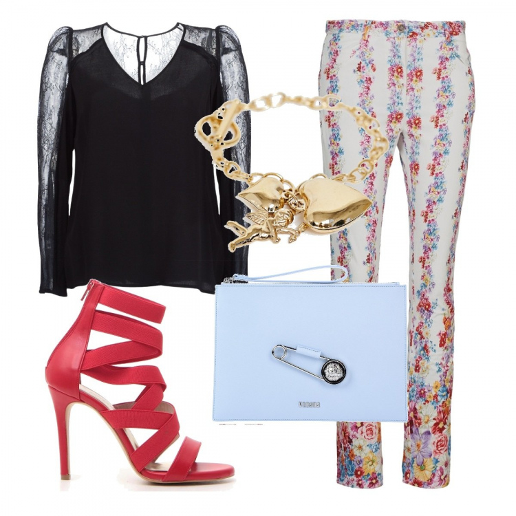 Outfit donna - Versace non Versace. Stile Chic per Serata fuori. Abbinamento con borsa a mano con manico e stampa taglia media con zip interno foderato tinta unita, pantalone multicolore, camicia, sandali con tacco, bracciale con ciondolo e catenina oro e bianco.
