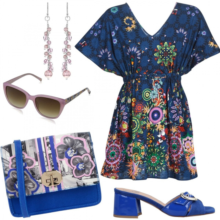 Outfit donna - Sognando Versace. Stile Trendy per Mare. Abbinamento con sandali effetto scamosciato con tacco squadrato e punta quadrata tinta unita, borsa messenger, vestito corto blu, occhiali da sole rosa, orecchini pendenti in sterling 925 ipoallergenico argento e bianco.