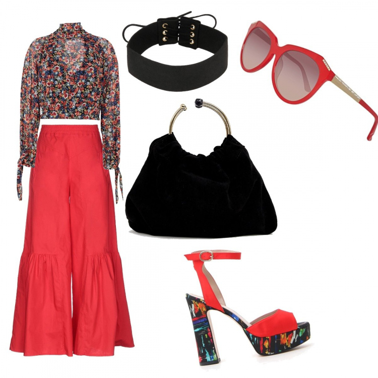 Outfit donna - Estate in rosso. Stile Trendy per Tutti i giorni. Abbinamento con pantalone con zip in cotone tinta unita, blusa senza tasche fantasia floreale collo alto a maniche lunghe interno semi-foderato in tulle con pieghe, collana fantasia effetto scamosciato con laccetti tinta unita, sandali, clutch midi, occhiali da sole.