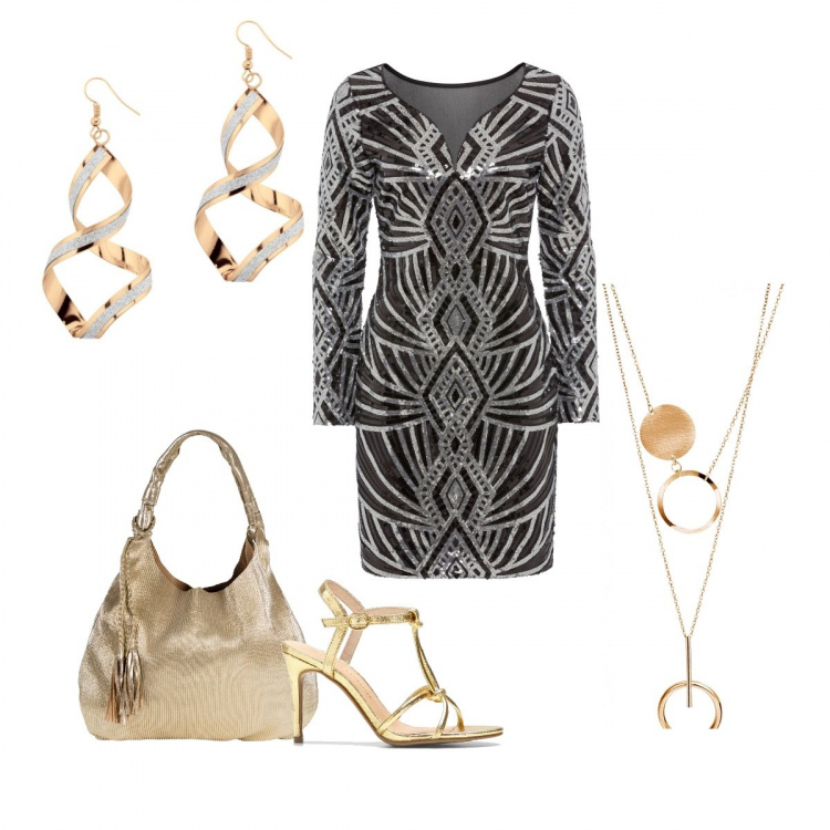 Outfit donna - Oro e argento. Stile Sexy per Serata fuori. Abbinamento con vestito con paillettes e scollo nero, borse a spalla, orecchini glitter, collana oro, sandali pumps oro.