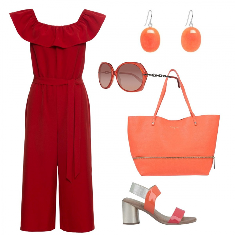 Outfit donna - Le sfumatore del sole. Stile Trendy per Tutti i giorni. Abbinamento con tuta a culottes con scollo, borsa a mano maxi doppio manico interno sfoderato in pelle sintetica tinta unita, sandali effetto vernice con tacco geometrico interno foderato con punta tonda tinta unita, occhiali da sole arancione, orecchini rosa e arancione.
