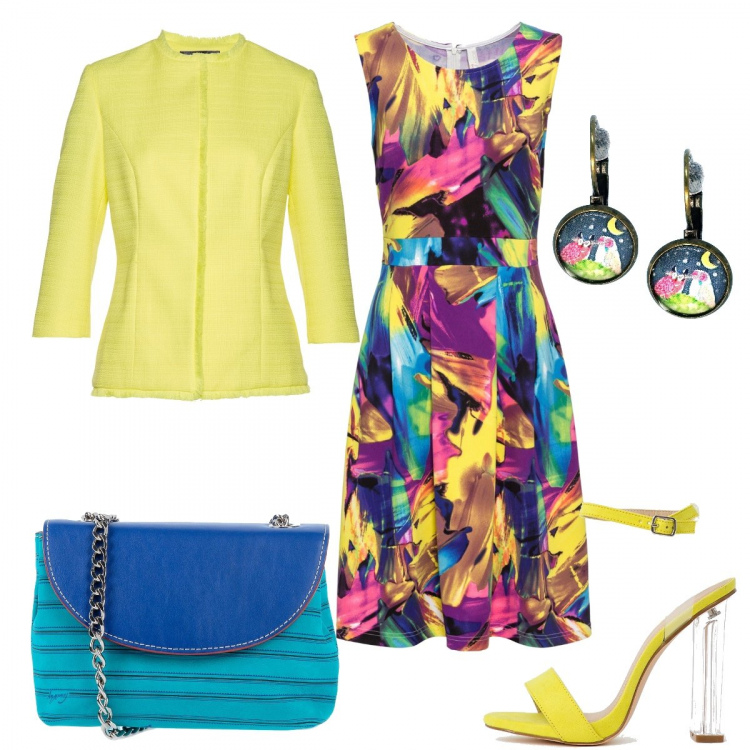 Outfit donna - Esplosione di colori. Stile Trendy per Cerimonia. look ideale per Petite. Abbinamento con vestiti, blazer con tasche giallo, borsa a tracolla mini a righe interno foderato, orecchini multicolore, sandali pianta larga.