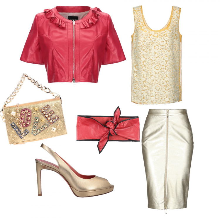 Outfit donna - Il sole dentro. Stile Rock per Serata fuori. Abbinamento con blazer, gonna al ginocchio con zip interno foderato in pelle sintetica tinta unita, sandali effetto laminato con punta tonda tinta unita, top, borsa a mano petit con manico effetto laminato interno foderato tinta unita, cinture.
