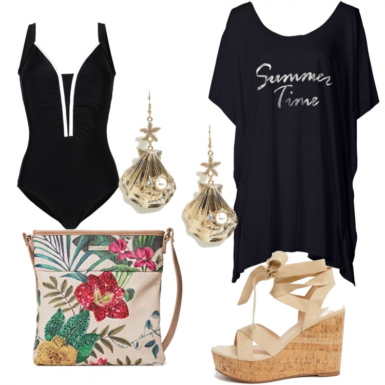 Outfit donna - Mare - curvystyle - low-cost. Stile Basic per Mare. Abbinamento con costumi interi, vestiti da spiaggia, zeppe con zeppe e laccetti open toe, borsa a tracolla bianco, orecchini con perle in denim con strass oro.